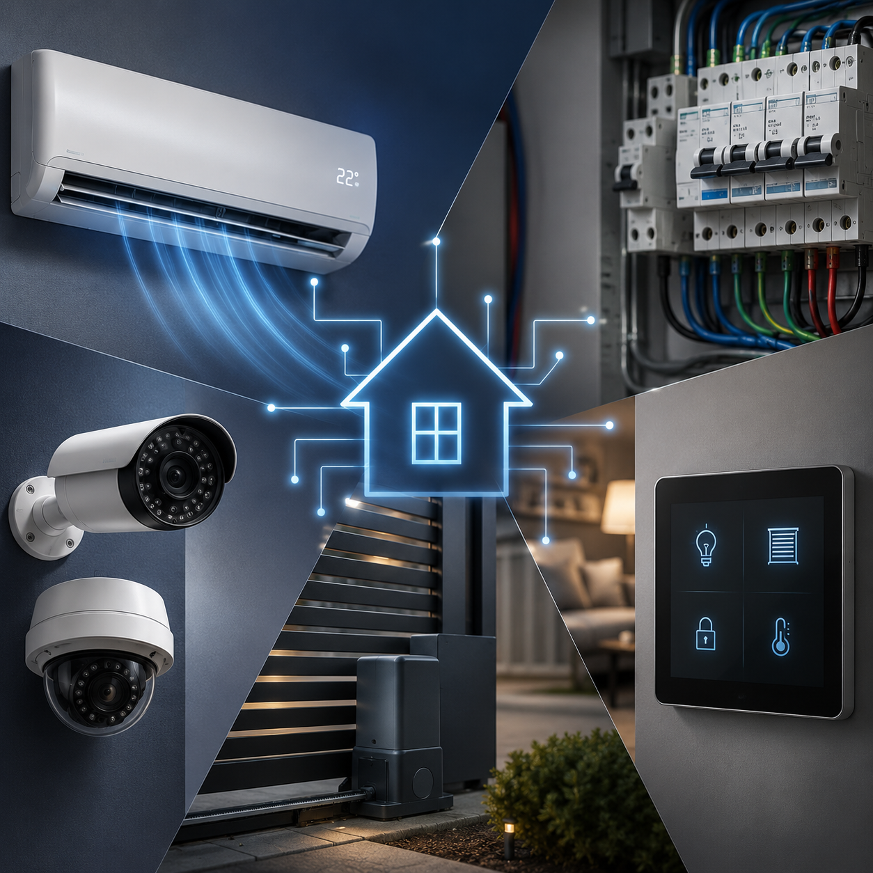 Casa inteligente com ar-condicionado, câmeras, portão automático e painel elétrico
